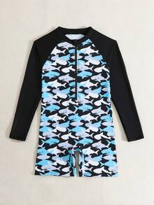 SHEIN 1pc Boys' Cute Shark Print Fashionable Beachwear Swimsuit - Multicolor - View 4