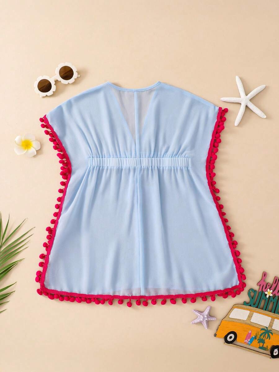 Emery Rose Kids Emery Rose Kids 年轻女孩编织撞色流苏边宽松休闲罩衫 - 藍色 - 查看 1