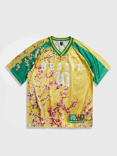 ROMWE MEN Street Life Áo thun nam tay ngắn cổ chữ V raglan in hoa và chữ