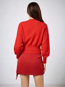 Maija 2026春夏玫瑰花卉提花金属纽扣开襟羊毛衫，红色，适合女士参加派对晚宴，夏季，春假，春季，情人节，海滩，优雅派对毛衣，婚礼及活动，优雅女士衬衫，女士假日，女士度假，独特金属扣，羊腿袖 - 紅色 - 查看 5