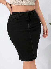 EMERY ROSE 大码休闲度假纯色牛仔迷你裙 - 黑色 - 查看 3