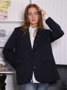 SILVIA DI SANTO 宽松条纹简约商务女士西装外套复古风格女士西装外套，秋季服装 - 藏蓝色 - 查看 3