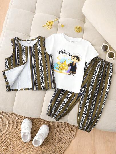 0-3 år baby pojke/flicka unisex spädbarnsoutfit: vit stickad rund halsringning kortärmad tecknad pojke grafisk t-shirt, resårmidja randiga vävda byxor och randig vävd väst, lämplig för vardagsaktiviteter, festivaler, kvällsevenemang, vår/sommar utomhusaktiviteter