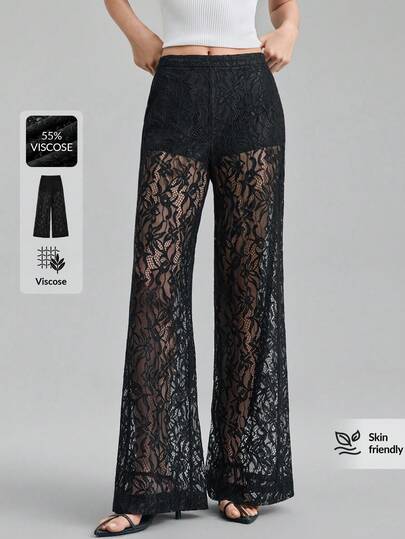 Ontre 2026 New Spring/Summer Women's Lace Flare Pants, Black, Hollow Out Design, Fashionable & Minimalist, Suitable For Valentine's Day, Wedding Season, Independence Day, Urban Commute