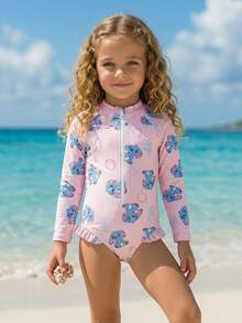 SHEIN Girls' Blue Cute Cartoon Print Long Sleeve One-Piece Swimsuit Set (With Hat), Girls' Swimsuit Set, Girls' Beach Outfit, Girls' Long Sleeve Rash Guard Beach Set Suitable For Vacation, Summer Zipper Round Neck Swimsuit - Baby Pink - View 3