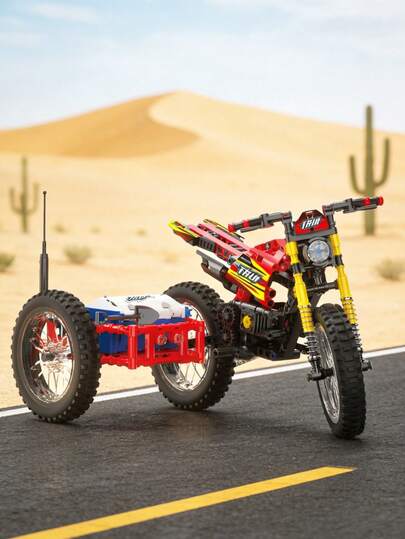 MINKOJA Red, Yellow & White 3-Wheel Off-Road Motorcycle Building Blocks (536PCS) - Come Alive Series With Simulated Engine & Openable Storage Box