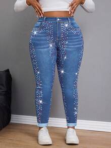 Slaydiva Plus Size Women's Fashionable Casual Colored Rhinestone Decorated Skinny Jeans - Medium Wash - View 4