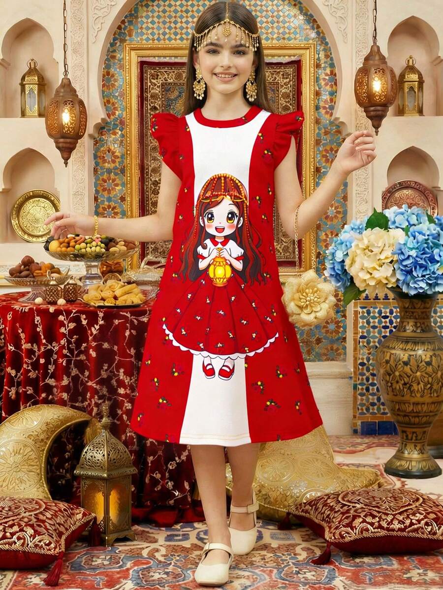 Young Girl' Cap Sleeve Dress, Princess Pattern Print Color Block Patchwork Burgundy Rose Floral Princess Dress, Red Dress Suitable For Outings And Festivals, Ramadan Kareen
