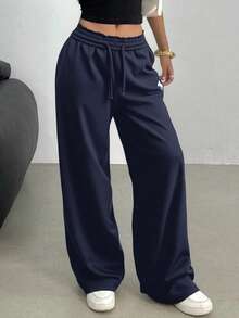 SHEIN Teen Girls Casual Loose Fit Low Waist Elastic Waistband Wide Leg Sweatpants, Versatile For Spring, Summer, Autumn, Winter - Navy Blue - View 4
