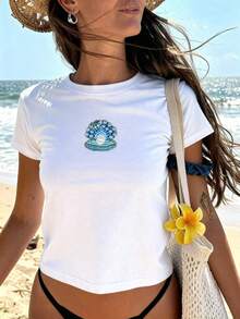 Sundraya Women's Casual Beach Vacation Handmade Beaded Faux Pearl Shell Graphic Short Sleeve White T-Shirt - White - View 4