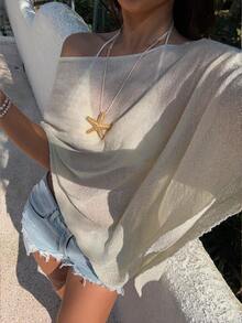 Sunnyshic Women's Casual Vacation Island Beach Loose Knit Shawl Cover Up, Spring/Summer - Beige - View 6