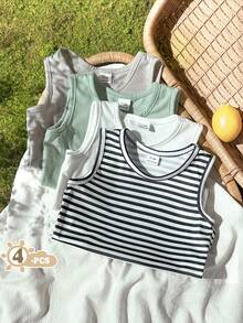 SHEIN Vintaside Kids 4件套男女通用婴儿休闲舒适白色背心，经典百搭设计，适合日常穿着、度假、上学、聚会、春夏穿着。 - 彩色 - 查看 4