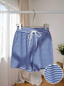 GlowEve 女士夏季弹力抽绳腰带口袋短裤，针织菠萝纹理撞色条纹面料，休闲居家及运动服 - 藍白色 - 查看 4