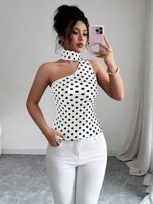Elenzga Women's Y2K Polka Dot Print Fitted Halter Neck Camisole - White - View 4