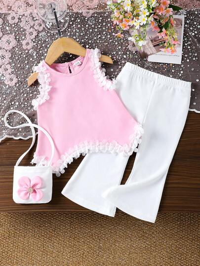 Spring/Summer Baby Girl Sweet & Cute 2-Piece Outfit, Sleeveless Top With White Floral Trim Decor, Paired With White Bell-Bottom Pants, Playful Style Suitable For Play, Daily Outings, Small Gatherings