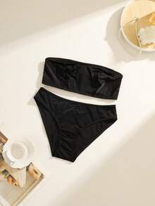 女士纯色简约提花抹胸内裤两件套内衣套装 - 黑色 - 查看 6