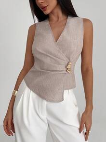 Aloruh Women's Solid Color Overlap V-Neck Waist Metal Decor Ruched Asymmetric Hem Sleeveless Blouse Wrap Tops For Women Criss Cross Top - Khaki - View 10