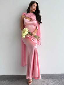 Firerie Elegant, Exquisite, Romantic, Sexy, Luxurious Party, Holiday, Ball, Valentine's Day, Date, Wedding, Guest, Birthday, Vacation Floral Mesh Shawl, Plunging Neckline, Open Back, Criss-Cross Strap, Satin, Mermaid Maxi Dress, Blush Pink - Dusty Pink - View 5