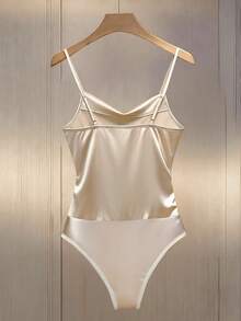 Franclia Women's Plunging Neckline Ruched Waist Fashionable Versatile Bodysuit Gold Bodysuit Draped Bodysuit Cream Bodysuit Beige Bodysuit Satin Bodysuit Metallic Bodysuit One Piece Gold Sleeveless Top Beige Sleeveless Top