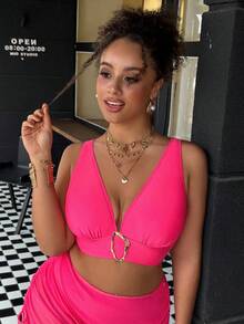 Swim Vcay Plus Size Solid Color Metal Decor Women Swimwear Top - Pink - View 4