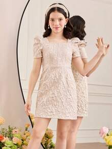 SHEIN Tween Girl Cute Puff Sleeve Square Neck Jacquard Dress - Khaki - View 5