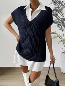 Chiquease Women's Casual V-Neck Loose Knit Vest - Navy Blue - View 6