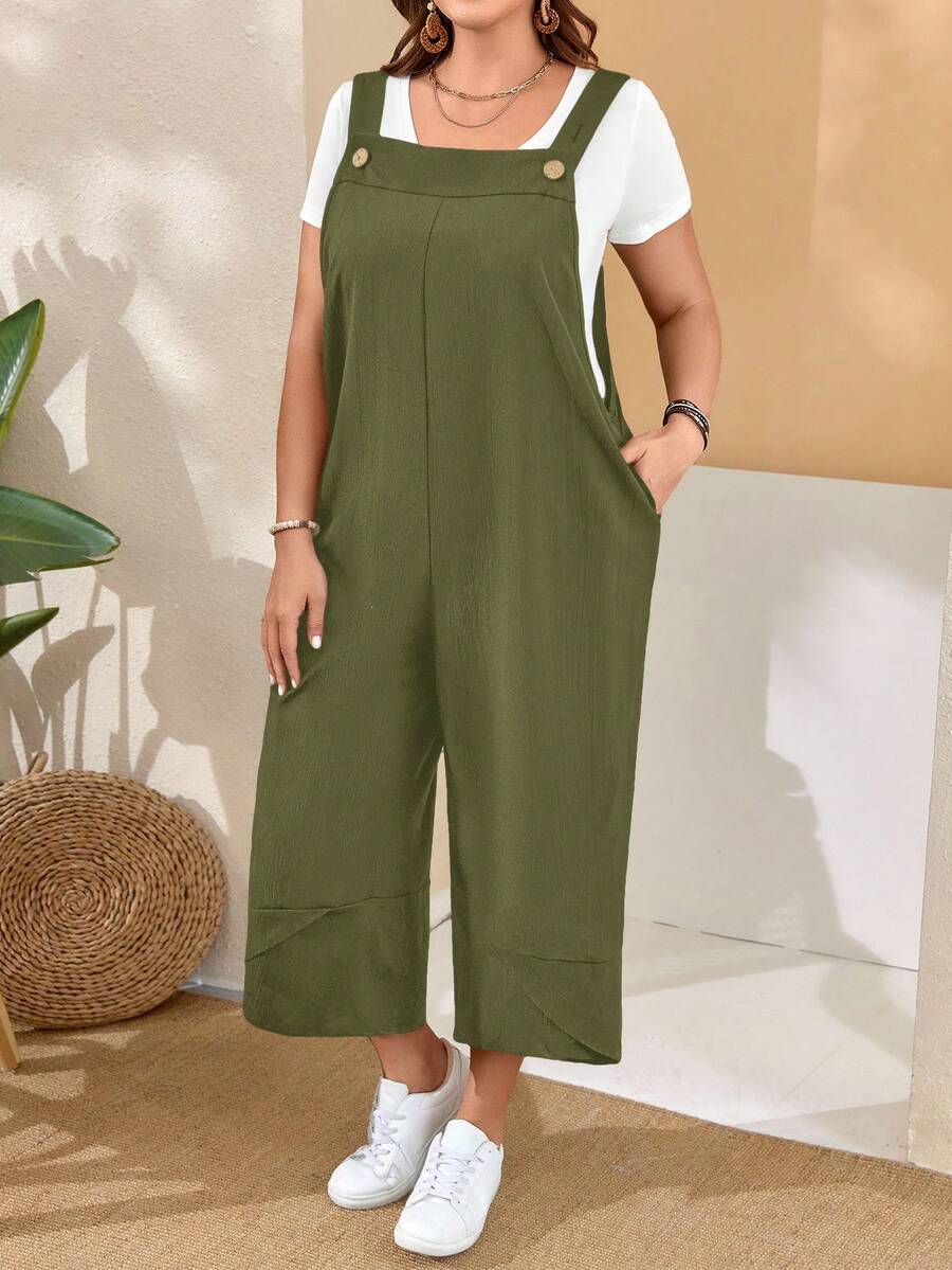 EMERY ROSE Plus Size Women'S Black Overalls With Adjustable Straps, Button Closure And Pockets On Split Legs For Spring Summer Outfits Summer Clothes  Spring  Spring Outfit Women Spring Clothes Country Style For Women Green Jumpsuit Women Summer Jumpsuits For Women - Army Green - View 1