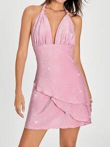SHEIN EZwear Vestido halter espalda descubierta con hilos metálicos brillantes y efecto sexy - Rosa - Ver 1