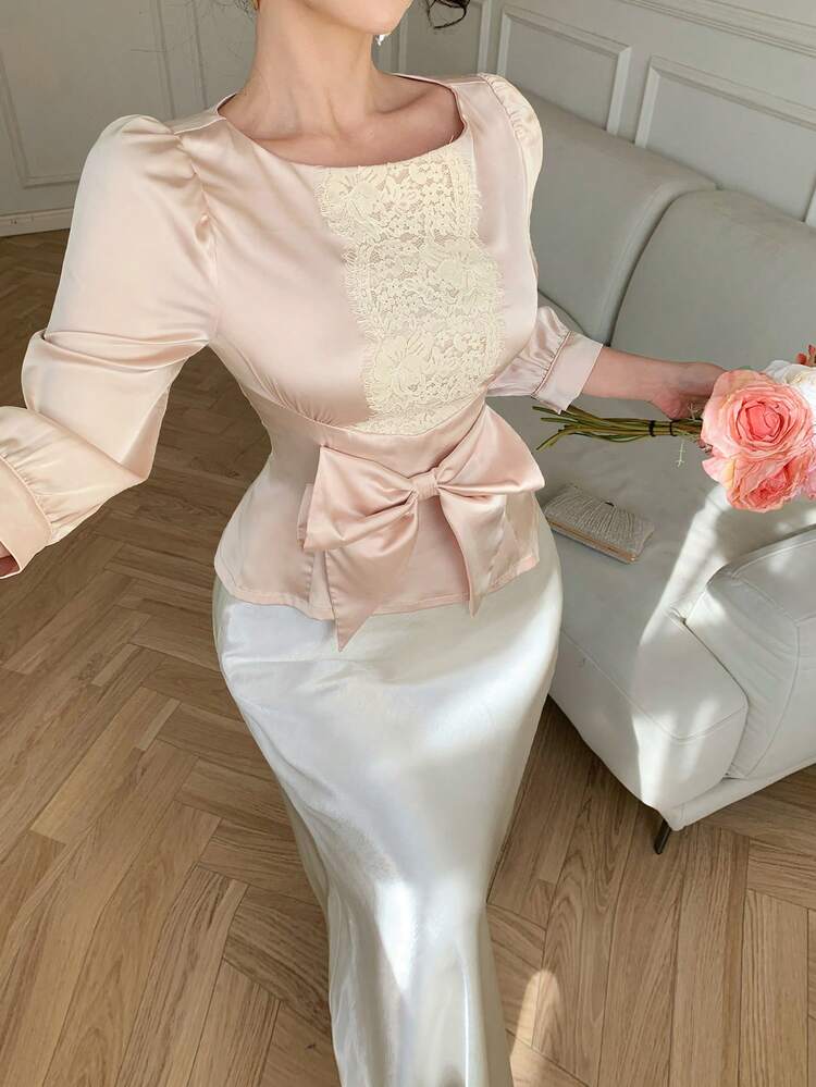 Spring/Summer Hollow Lace Patchwork Puff Sleeve Blouse, Elegant For Valentine's Day, Wedding, Party, Formal Occasion, Fashion, Slim Fit, Bow Tie Waist, Metal Button Decor