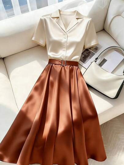 Franclia Elegant Short Sleeve Collared Elastic Waist Splice Contrast Color Midi Dress, Suitable For Spring, Summer, Autumn, Winter, Party, Vacation, Date, Gathering, Elegant, Casual, Versatile, Commute, Daily Wear