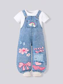 SHEIN One Piece 女童 2026 春夏新款浅蓝色水洗彩虹爱心破洞牛仔背带裤，宽松灯笼袖口设计，甜美可爱百搭，时尚夏季薄款拼接牛仔背带裤 - 中等水洗藍 - 查看 4