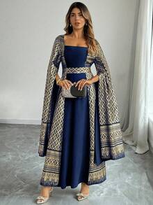 Elenzga Plus Size Navy Blue,Winter Elegant Wedding Al-Adha Woven Dress,Square Neck Folk Cloak Sleeve Flared Hem Najma Turkish Abaya Dubai Modest Women - Navy Blue - View 5