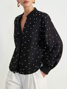 Aveloria Modichic Women's Casual Loose Fit V-Neck Beaded Design Long Sleeve Blouse, Comfortable For Commuting - Black - View 2