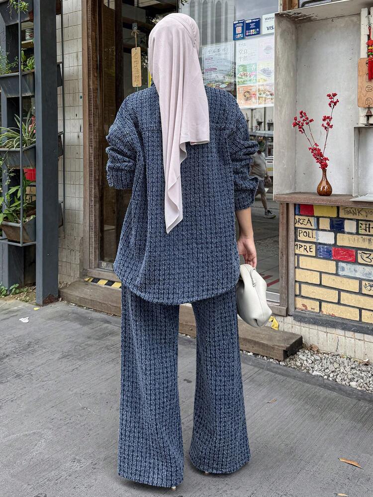 Spring/Summer Romantic Design Loose Casual Commute Elegant Blue Shirt And Straight Leg Jeans Women 2-Piece Suit