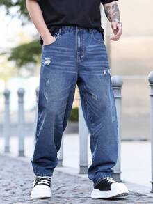 Manfinity Homme Men's Casual Fashion Street Distressed Denim Jeans, Suitable For Daily Commute - Medium Wash - View 8