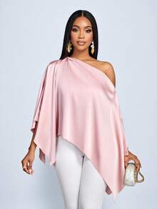 SOLERSUN Women's Elegant Sexy Flowy Asymmetric Shoulder Cape Sleeve Asymmetric Hem Satin Blouse - Dusty Pink - View 6