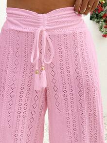 SHEIN Clasi Quần ống rộng màu hồng khoét rỗng, thêu họa tiết, chất liệu jacquard, cạp chun, xếp ly, xẻ tà bên hông, thích hợp cho kỳ nghỉ. - Hồng - Xem 3
