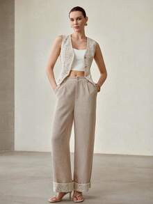 MOTF PREMIUM Bộ đồ thời trang nữ 2 món gồm áo không tay thiết kế khoét lỗ và quần dài xếp ly. - Màu Khaki - Xem 4