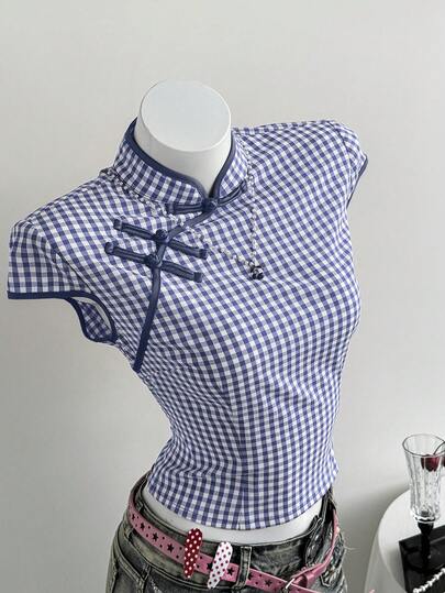 Elamini Bluzka damska w kratkę w kolorze czerwono-białym, z kontrastowymi guzikami, kołnierzykiem typu stójka, rozcięciem z boku w talii i krótkim rękawem, na jesień/zimę, modna, dojazdy do pracy, minimalistyczna, uniwersalna, w stylu vintage, dla nauczycieli, elegancka, na co dzień, na randkę, na wyjście