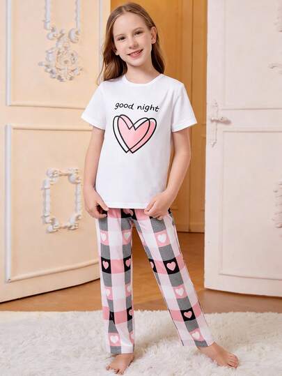 女童睡衣套装：心形印花“晚安”T恤+粉黑格子宽松舒适长裤，甜美少女风两件套，可户外穿着