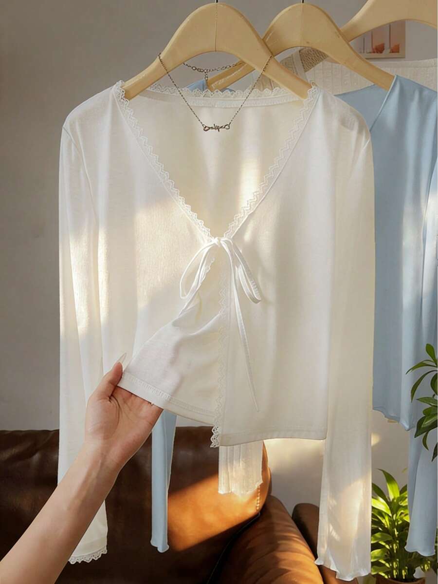 Resyla Lace Patchwork Lightweight Knit Cover Up, Women's Chiffon Sleeveless Shrug Tops, New Summer Shawl Air Conditioning Sweater - White - View 1