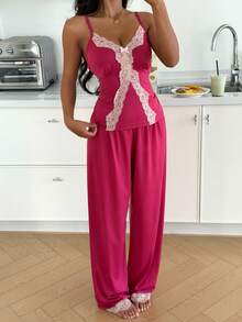 ZzzCrew 2pcs Women's Sleepwear Set: Contrast Lace Patchwork Slim Fit Camisole And Pants - Hot Pink - View 7