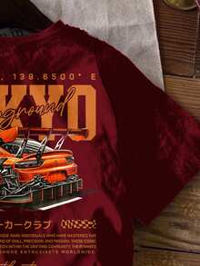 男婴休闲宽松舒适复古汽车、卡通、涂鸦、英文字母印花短袖上衣，适合夏季穿着 - 酒紅色 - 查看 3