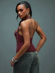 Hauture Women's Sexy Boho Studded Embellished Sleeveless Tank Top - Burgundy - View 3