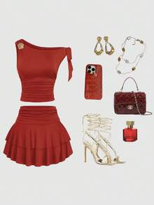 Sweetra Bộ váy hai mảnh cỡ lớn, tối giản, xếp ly eo, không tay, vai bất đối xứng, trang trí khóa kim loại màu nâu. - Đỏ - Xem 1