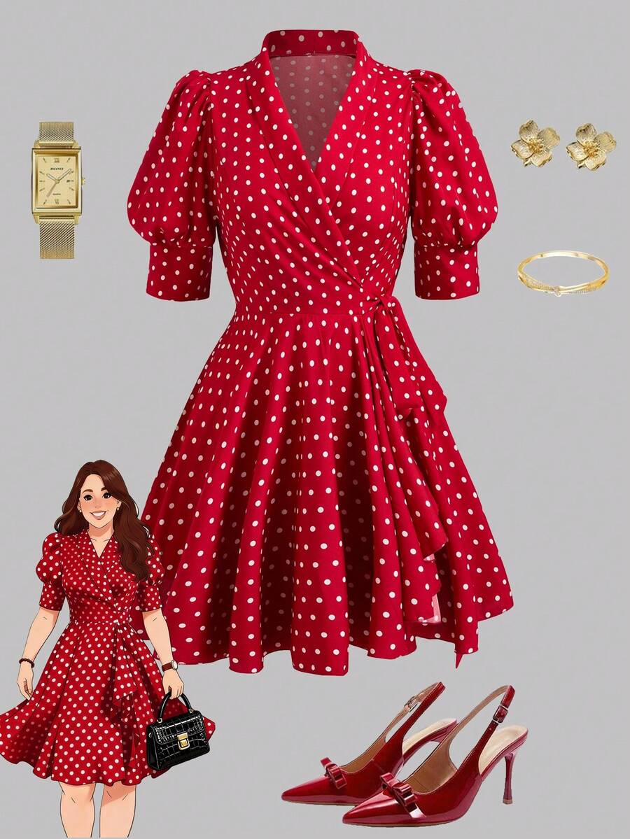 SHEIN Clasi Đầm chấm bi tay ngắn cổ chữ V chéo eo xếp ly dáng chữ A cỡ lớn, thanh lịch, thích hợp cho nữ, phù hợp cho ngày Valentine. - Đỏ - Xem 1