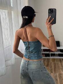 StreetHx 时尚休闲复古街头风牛仔抹胸上衣 - 中等水洗藍 - 查看 2