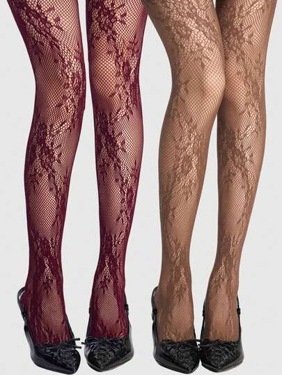 Kawaii 2 Pairs Sexy Floral Lace Fishnet Tights, Vintage Erotic Brown & Burgundy Opaque Pantyhose, Thin And Stretchy Sheer Stockings
