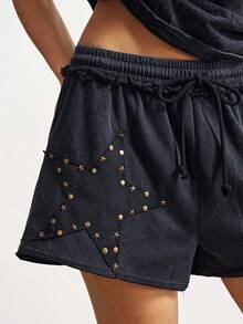 Bohemela Quần short nữ màu đen đính sao và sequin, kiểu dáng thường ngày cổ điển, cạp chun điều chỉnh được, thích hợp cho mùa hè. - màu đen - Xem 2