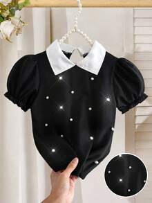 Girls' Elegant Black & White Contrast Pearl Decor Collared Short Sleeve Shirt Blouses, Summer Wedding Peter Pan Collar Rhinestone Tops For Young Girls - Multicolor - View 5